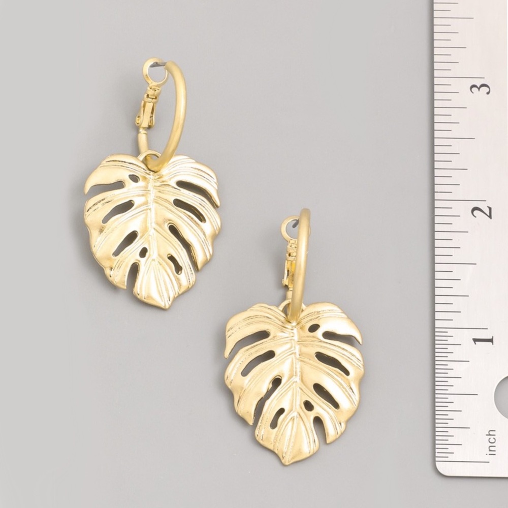 Gold Monstera Leaf Mini Hoop Earrings - Picture 3 of 3